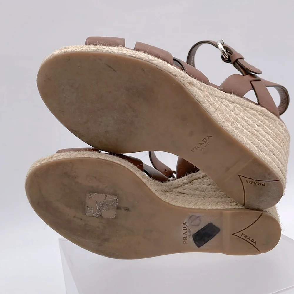 Prada Rony Brown Leather Espadrilles Platform Jute & Rubber‎ Wedge Heel - 37